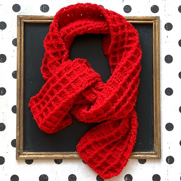 Hand-Crocheted Red Winter Beanie Hat & Waffle-Stitch Scarf Set - Picture 6 of 13